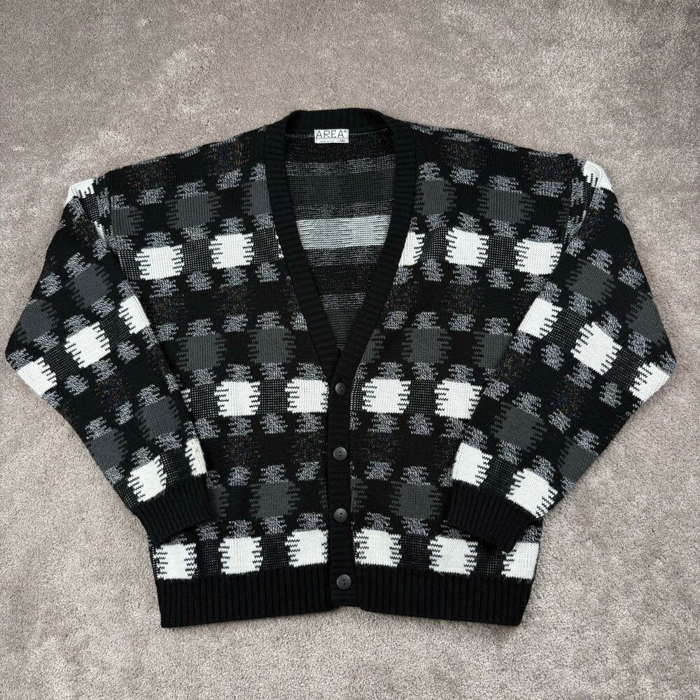 Black White Static Knit Sweater Cardigan Size XL Preppy Grunge Grandpa Area